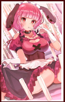 1girl animal_ears blunt_bangs bob_cut border breasts candy cleavage cleavage_cutout clothes_pull clothing_cutout collarbone dress dress_pull earrings elbow_gloves eyelashes fake_animal_ears floating_hair food frilled_dress frills gloves hairband highres holding holding_candy holding_food holding_lollipop jewelry large_breasts lollipop medium_hair original pink_dress pink_hair pink_ribbon puffy_short_sleeves puffy_sleeves red_border red_earrings red_pupils ribbon short_dress short_sleeves shoulder_cutout shoulder_ribbon sidelocks sitting stud_earrings umiru wariza white_border white_gloves x_(symbol)
