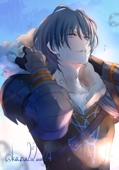 1boy alternate_costume armor black_gloves blue_eyes blue_hair blue_sky collarbone commentary_request cosplay fingerless_gloves fire_emblem fire_emblem:_three_houses fur_trim gauntlets gloves highres hood jeralt_reus_eisner jeralt_reus_eisner_(cosplay) kazu20200224 male_byleth_(fire_emblem) male_focus nintendo pauldrons rain shoulder_armor sky solo twitter_username wet