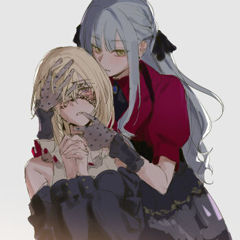 Rule 34 | 2girls, absurdres, ascot, bang dream!, bang dream! it's mygo!!!!!, black ascot, black dress, black gloves, black mask, black ribbon, black skirt, blonde hair, blue hair, clothing cutout, collared shirt, commentary, doloris (bang dream!), dress, gloves, grey background, hair ribbon, hand on another's face, hashtag-only commentary, highres, lingjiu yuki, long hair, misumi uika, multiple girls, oblivionis (bang dream!), parted lips, purple eyes, red shirt, ribbon, shirt, shoulder cutout, simple background, skirt, tears, togawa sakiko, two side up, yellow eyes, yuri