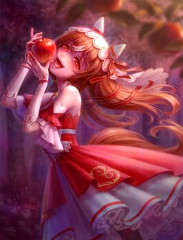 1girl absurdres animal_ears apple bare_shoulders black_thighhighs blush bow breasts brown_hair daiyou-uonome detached_sleeves dress ear_covers ear_ribbon food fruit hair_between_eyes hair_ornament highres holding holding_food holding_fruit horse_ears horse_girl horse_tail long_hair looking_at_viewer open_mouth red_dress red_eyes ribbon smile solo still_in_love_(scarlet_vow_raiment)_(umamusume) still_in_love_(umamusume) tail teeth thighhighs tongue umamusume veil white_veil yandere yandere_trance