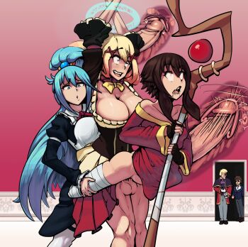 2boys 3futa aqua_(konosuba) aqua_hair arms_up blonde_hair blue_eyes boxman breasts brown_hair cleavage clothed_sex clothes darkness_(konosuba) dress fff_threesome_with_futa_(temporary) futa_with_futa futanari grabbing_from_behind group_sex heavy_breathing highres huge_breasts kono_subarashii_sekai_ni_shukufuku_wo! large_breasts large_penis leg_grab long_hair love_train lucky_pierre magic maid maid_headdress megumin multiple_boys multiple_futa penis ponytail restrained rolling_eyes sex sex_from_behind short_hair small_breasts standing standing_sex stick stomach_bulge testicles threesome vaginal witch x-ray