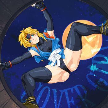 1girl black_gloves black_leotard black_thighhighs blonde_hair blue_eyes blue_kimono breasts cameltoe climbing covered_erect_nipples elbow_gloves fingerless_gloves forehead_protector from_below full_moon gloves headband highleg highleg_leotard japanese_clothes kimono leotard long_hair looking_at_viewer martial_champion moon night ninja paid_reward_available qkat_(arikawa-dou) racheal sandals sash short_kimono sky small_breasts smile solo spread_legs star_(sky) starry_sky tabi thighhighs thighs undersuit