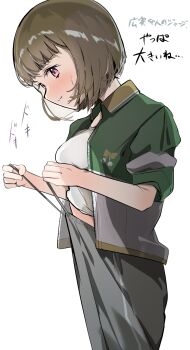 1girl blush bob_cut breasts brown_hair collared_jacket commentary_request cowboy_shot drawstring drawstring_pull green_jacket grey_pants highres inverted_bob jacket kachimachi_kosuzu kachimachi_kosuzu_(winter_training_wear) llb love_live! love_live!_hasu_no_sora_jogakuin_school_idol_club medium_breasts midriff_peek open_clothes open_jacket pants pink_eyes shirt short_hair simple_background sleeves_pushed_up solo virtual_youtuber white_background white_shirt