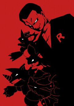 1boy dugtrio gen_1_pokemon giovanni_(pokemon) high_contrast nidoking nidoqueen nintendo onigiri_debu pokemon pokemon_(creature) pokemon_frlg pokemon_team red_background red_theme rhydon rhyhorn silhouette simple_background white_eyes