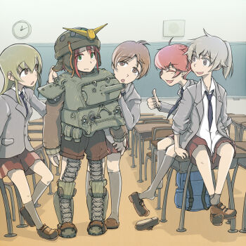 5girls alisa&#039;s_co-driver_(girls_und_panzer) alisa&#039;s_driver_(girls_und_panzer) alisa&#039;s_gunner_(girls_und_panzer) alisa_(girls_und_panzer) armor black_necktie blazer blonde_hair brown_eyes brown_hair brown_shoes caterpillar_tracks chair classroom clock closed_eyes closed_mouth collared_shirt commentary_request desk drawing_board dress_shirt girls_und_panzer green_eyes green_hair grey_hair grey_jacket grey_socks gundam helmet helmet-chan_(girls_und_panzer) highres jacket kneehighs light_frown long_hair m4_sherman mecha_musume military_vehicle miniskirt motor_vehicle multiple_girls necktie on_desk open_clothes open_jacket open_mouth parody pleated_skirt red_hair red_skirt saunders_military_uniform saunders_school_uniform school_desk school_uniform shirt shoes short_hair short_twintails sitting skirt socks soopon tank tank_helmet thumbs_up twintails unworn_shoes white_shirt