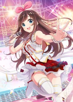 1girl :d above-cleavage_cutout bare_arms bare_shoulders blue_eyes boots breasts brown_hair buttons card_commentary character_name clothing_cutout commentary cowboy_shot diffraction_spikes double-breasted dutch_angle group_name hand_up heart_cutout high_heel_boots high_heels holding holding_microphone idol idol_clothes kizuna_ai kizuna_ai_inc. logo long_hair looking_at_viewer medium_breasts microphone multicolored_hair official_art open_mouth outstretched_arm pink_streaks plaid_clothes plaid_skirt project_tokyo_dolls red_skirt screen second-party_source shorts shorts_under_skirt skirt smile solo sparkle stage stage_lights standing standing_on_one_leg streaked_hair teeth thigh_boots thighhighs upper_teeth_only virtual_youtuber w white_boots white_shorts white_wrist_cuffs wrist_cuffs zettai_ryouiki