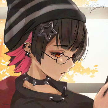 1girl alternate_costume beanie black_hair black_hat black_shirt cellphone collar colored_inner_hair commentary_request ear_piercing earrings ellen_joe from_side glasses hair_ornament hat holding holding_phone indoors janome_yuiwa jewelry looking_at_phone multicolored_hair official_alternate_costume parted_lips phone piercing portrait red_eyes shirt short_hair signature solo spiked_collar spikes star_(symbol) star_hair_ornament striped_hat tree window zenless_zone_zero