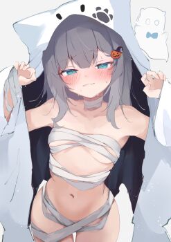 1girl animal_ears bandages blush breasts cat_ears cat_girl food-themed_hair_ornament ghost_costume green_eyes grey_hair hair_ornament halloween halloween_costume highres indie_virtual_youtuber looking_at_viewer mecha_neruko medium_breasts nachoneko naked_bandage navel pumpkin_hair_ornament sheet_ghost simple_background small_breasts smile solo virtual_youtuber white_background