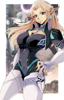 1girl 2025 absurdres andoryu_anzuru animal_ear_fluff artist_name bangs_pinned_back black_bodysuit black_coat blurry blurry_background bodysuit breasts cleavage coat collarbone commentary covered_navel cowboy_shot cropped_jacket detached_collar earrings elbow_gloves english_commentary expressionless facial_mark female_focus fingerless_gloves fingernails forehead_mark gloves head_tilt highres jewelry large_breasts lips long_hair looking_at_viewer monolith_soft neilnail_(xenoblade) nintendo pointy_ears red_eyes sharp_fingernails simple_background solo spread_fingers standing thick_thighs thighhighs thighs tight_clothes white_background white_hair white_thighhighs xenoblade_chronicles_(series) xenoblade_chronicles_x