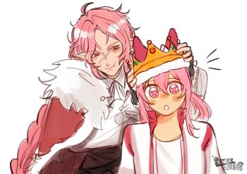 1boy 1girl absurdres animal_ears artist_name black_gloves blush blush_stickers cape closed_mouth collared_jacket color_connection commentary crossover crown double-parted_bangs ear_piercing english_commentary exocorpse fingerless_gloves forehead fur-trimmed_cape fur-trimmed_crown fur_trim gloves hair_between_eyes hair_color_connection haru_urara_(umamusume) highres horse_ears horse_girl jacket light_smile long_hair looking_at_another medium_hair messy_hair minecraft_youtube notice_lines open_clothes open_jacket open_mouth parted_bangs piercing pink_eyes pink_hair pointy_ears putting_on_headwear red_cape red_eyes scar scar_on_face scar_on_mouth scar_on_nose shirt sidelocks signature simple_background sketch straight-on surprised technoblade triangle_mouth umamusume watermark white_background white_jacket white_shirt