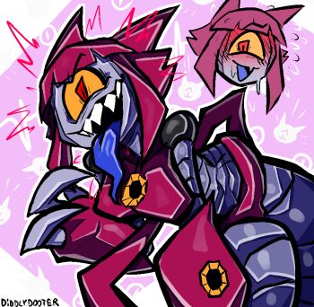 1girl :d android blue_tongue blunt_bangs blush colored_sclera colored_tongue commentary cyclops diddlydooter doodle_inset english_commentary evil_smile flipped_hair gameoverse humanoid_robot joints malice_(gameoverse) mechanical_arms metal_skin one-eyed open_mouth oversized_limbs purple_hair red_eyes robot robot_joints sharp_teeth smile solo sweat teeth yellow_sclera