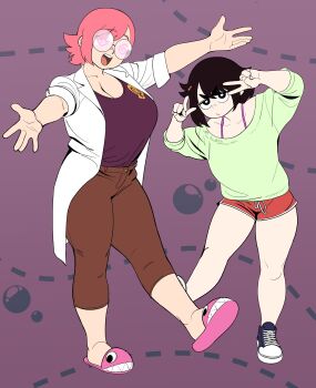 2girls absurdres black_hair blue_shoes brown_pants capri_pants coke-bottle_glasses dolphin_shorts double_v full_body glasses green_sweater hair_ornament hairclip highres katie_burette_(pomki) lab_coat multiple_girls niku_(pomki) opaque_glasses original outstretched_arms pants partially_opaque_glasses pink_hair pink_slippers pomki purple_shirt red_shorts shirt shoes short_hair shorts slippers sneakers sweater v