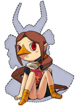 1girl ass brown_hair cleft_of_venus dotted_line female_focus jpeg_artifacts long_hair lowres medli nintendo no_panties pussy red_eyes simple_background sitting solo spread_legs the_legend_of_zelda the_legend_of_zelda:_the_wind_waker uncensored upskirt white_background