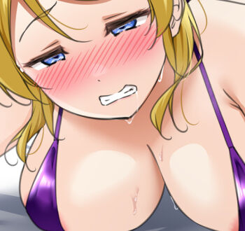 1girl areola_slip ayase_eli bikini blonde_hair blue_eyes blush clenched_teeth close-up drooling half-closed_eyes implied_sex long_hair love_live! love_live!_school_idol_project lying micro_bikini on_stomach purple_bikini saliva sweat swimsuit teeth yopparai_oni