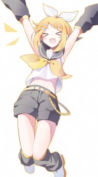>_< 1girl :d armpits arms_up bare_shoulders belt blonde_hair blush bow closed_eyes commentary_request crop_top cropped detached_sleeves full_body hair_bow hair_ornament hairclip hairpin headphones headset highres jumping kagamine_rin leg_warmers mani_(manidrawings) midriff multiple_hairpins navel open_mouth sailor_collar shirt short_hair shorts sketch sleeveless sleeveless_shirt smile solo treble_clef vocaloid white_background xd
