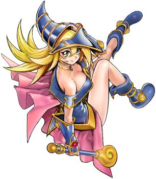 1girl anonymous_(yu-gi-oh!) bare_shoulders blonde_hair blue_boots blue_hat blush_stickers boots dark_magician_girl_the_magicians_apprentice duel_monster full_body game_cg green_eyes hair_between_eyes hand_on_own_head hat highres holding holding_wand long_hair looking_at_viewer non-web_source official_art pentacle phrygian_helmet showgirl_skirt solo stitched third-party_edit transparent_background wand wizard_hat yu-gi-oh! yu-gi-oh!_master_duel