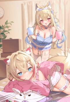 2girls absurdres anger_vein angry animal_ear_fluff animal_ears bare_shoulders blonde_hair blue_bow blue_collar blue_dress blue_eyes blue_streaks blush bow box breasts cleavage clock collar commentary_request crossed_bangs cup curtains dog_ears dog_girl dog_tail dot_nose dress drinking_glass fang frilled_collar frilled_straps frills fuwawa_abyssgard hair_between_eyes hair_intakes hair_ornament hairband hairclip head_on_arm heart highres holding holding_cup hololive hololive_english indoors large_breasts leaning_forward lingerie looking_at_viewer lying mococo_abyssgard mug multicolored_hair multiple_girls neru5 off_shoulder on_stomach open_mouth paper pink_hair pink_streaks pink_sweater pout shorts siblings signature sisters skin_fang solid_eyes spaghetti_strap steam streaked_hair sweater tail thigh_strap thighhighs twins underwear virtual_youtuber wall_clock white_shorts white_thighhighs
