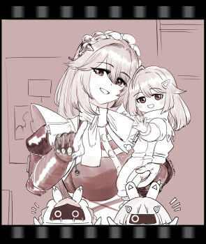 ! 2girls absurdres aepuru_arts ahoge alexandrina_sebastiane bangboo_(zenless_zone_zero) breasts child commentary dot_nose english_commentary hair_ornament highres holding large_breasts long_hair looking_at_viewer maid maid_headdress mother_and_daughter multiple_girls pointing pointing_at_viewer zenless_zone_zero