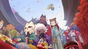 5girls 6+boys absurdres bag black_sclera cat_boy cat_girl colored_sclera commentary covered_eyes dark-skinned_male dark_skin eigong_(nine_sols) falling_petals fat fat_man furry furry_female furry_male fuxi_(nine_sols) goumang_(nine_sols) heng_(nine_sols) highres holding holding_bag inouehasue ji_(nine_sols) jiequan_(nine_sols) kuafu_(nine_sols) lady_ethereal multiple_boys multiple_girls mystic_nymph_(nine_sols) nine_sols nuwa_(nine_sols) orange_fur outdoors petals pointing purple_fur red_eyes red_petals shennong_(nine_sols) shuanshuan_(nine_sols) smile standing white_fur yanlao_(nine_sols) yi_(nine_sols)