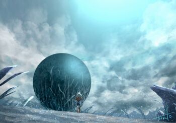 1girl artist_name blue_sky cloud commentary_request elma_(xenoblade_x) highres in-universe_location orb outdoors scenery signature sky snow solo toosut0 xenoblade_chronicles_(series) xenoblade_chronicles_x