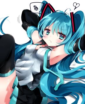 Rule 34 | 1girl, absurdres, aqua eyes, aqua hair, aqua trim, arm behind head, armpits, arms up, bare shoulders, black boots, black skirt, black sleeves, black thighhighs, blush, boots, breasts, closed mouth, collarbone, collared shirt, commentary request, detached sleeves, frilled shirt, frills, frown, grey shirt, hair between eyes, hair ornament, hatsune miku, highres, koyubisennti, long hair, long sleeves, looking at viewer, medium breasts, miniskirt, pleated skirt, power symbol, power symbol-shaped pupils, shirt, simple background, skirt, sleeveless, sleeveless shirt, smile, solo, symbol-shaped pupils, thighhighs, thighs, twintails, very long hair, vocaloid, white background