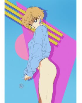 Rule 34 | 1990s (style), 1girl, absurdres, blonde hair, blue hoodie, bottomless, cigarette, earrings, fritz willie, highres, hood, hoodie, jewelry, naked hoodie, original, retro artstyle, short hair, simple background, smoke, solo
