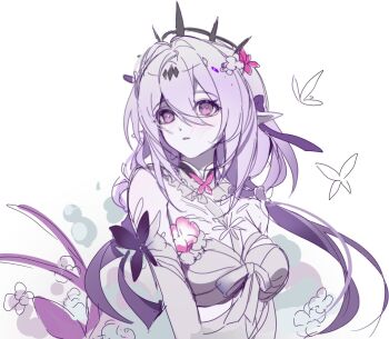 1girl black_tiara bug butterfly butterfly_ornament castorice_(honkai:_star_rail) flower flower_ornament hiyo_hp1 honkai:_star_rail honkai_(series) insect korean_commentary pointy_ears purple_butterfly purple_flower purple_hair solo tiara upper_body