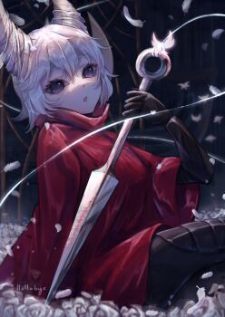 Rule 34 | 1girl, arthropod girl, black skin, breasts, bug, butterfly, cloak, colored skin, commentary, english commentary, feathers, flower, highres, holding, holding weapon, hollow knight, hollow knight: silksong, hornet (hollow knight), horns, humanization, insect, lacieon, looking at viewer, mask, mask on head, needle (hollow knight), personification, purple eyes, red cloak, sitting, solo, thread, weapon, white feathers, white flower, white horns, white mask