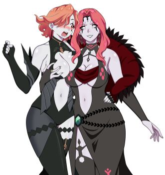 2girls blush breasts cleavage cleobulus_(fire_emblem) colored_skin commission deep_skin embarrassed evil_grin evil_smile fire_emblem fire_emblem:_three_houses grabbing_another's_breast green_eyes grey_nails grey_skin grin groping highres kronya_(fire_emblem) large_breasts molestation multiple_girls nail_polish nintendo open_mouth orange_hair red_eyes red_hair rs40uchiha short_hair smile surprised wide-eyed yuri