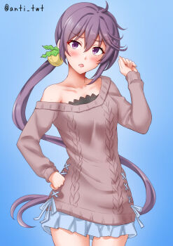 1girl akebono_(kancolle) akebono_kai_ni_(setsubun)_(kancolle) anti_(untea9) bell black_thighhighs blue_background breasts brown_sweater collarbone commentary_request dress gradient_background hair_bell hair_ornament highres jingle_bell kantai_collection long_hair looking_at_viewer purple_eyes purple_hair side_ponytail solo sweater sweater_dress thighhighs very_long_hair