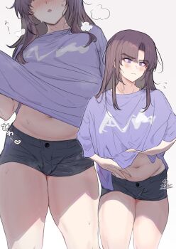 1boy absurdres arrow_(symbol) ayase_ayato_(imamiya_pinoko) bad_source black_shorts brown_hair bulge closed_mouth crossdressing crossdressing_(mtf) denim denim_shorts heart highres imamiya_pinoko long_hair male_focus navel original parted_bangs parted_lips purple_eyes purple_shirt shirt shorts simple_background solo speech_bubble sweat t-shirt thick_eyebrows thought_bubble translation_request trap twitter_username white_background