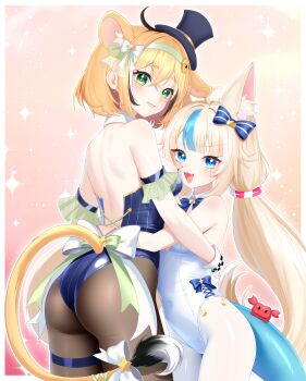 2girls :d absurdres ahoge alternate_costume animal_ears ass back back_bow bare_shoulders black_hair black_hat black_pantyhose black_streaks blonde_hair blue_bow blue_bowtie blue_eyes blue_hair blue_leotard blue_streaks blunt_bangs bow bowtie breasts cat_ears clothing_cutout commentary cross-laced_clothes cross-laced_leotard crossed_bangs detached_collar dooby double-parted_bangs extra_ears felixkohai fins fish_girl fish_tail frilled_sleeves frills gloves green_eyes green_sleeves grin hair_between_eyes hair_bow hat highleg highleg_leotard highres hug indie_virtual_youtuber kaniki_(sameko_saba) leotard lifebuoy_hair_ornament long_hair looking_at_viewer low_twintails median_furrow medium_breasts mini_hat mini_top_hat mouse_girl mouse_tail multicolored_hair multiple_girls open_mouth pantyhose sameko_saba see-through_clothes see-through_sleeves short_hair shoulder_blades small_breasts smile streaked_hair striped_clothes striped_leotard symbol-only_commentary tail tail_bow tail_ornament tail_through_clothes thigh_strap tilted_headwear top_hat twintails vertical-striped_clothes vertical-striped_leotard very_long_hair virtual_youtuber white_bow white_gloves white_leotard
