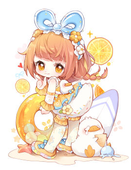1girl :q absurdres animal_bag backpack bag balloon balloon_trip_(infinity_nikki) bare_shoulders bird blue_bow blue_hairband blunt_bangs bow braid brown_hair chibi chinese_commentary closed_mouth commentary_request dot_nose dress duck duck_tail eyelashes fake_tail finger_gun floating_hair flower flower_hairband food food_print footwear_bow frilled_arm_warmers frilled_hairband frilled_thigh_strap frills fruit hairband happy heart highres holding holding_ice_cream_cone holding_swim_ring ice_cream ice_cream_cone infinity_nikki innertube lemon lemon_slice light_blush light_particles long_hair looking_at_viewer loose_hair_strand low_twin_braids miniskirt nikki_(series) nuli_de_chengzhi_er orange_dress orange_eyes orange_flower orange_shoes pom_pom_(clothes) sand see-through_arm_warmers see-through_clothes shoes short_dress simple_background skirt skirt_under_dress sleeveless sleeveless_dress smile solo sparkle sprinkles standing star_(symbol) star_print starfish surfboard swim_ring tail tareme thigh_strap thighhighs tongue tongue_out twin_braids white_arm_warmers white_background white_bag white_flower white_skirt yellow_thighhighs