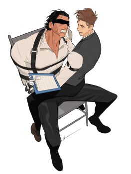 2boys adam&#039;s_apple arm_belt belt black_belt black_hair black_pants black_shoes blindfold bound brown_hair clenched_teeth clipboard collared_shirt commentary dark-skinned_male dark_skin dingnin98201637 dress_shoes english_commentary grey_vest highres holding holding_clipboard long_sleeves male_focus marvel miguel_o&#039;hara multiple_boys open_collar open_mouth pants peter_b_parker reading shirt shoes short_hair short_sideburns simple_background sitting sitting_on_lap sitting_on_person spider-man:_across_the_spider-verse spider-man_(series) spider-verse sweat teeth tied_up_(nonsexual) very_sweaty vest white_background white_shirt