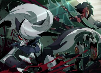 2boys 2girls ama0805 blitzo_(helluva_boss) blood blood_from_mouth colored_skin demon_boy demon_girl demon_horns demon_tail dog_girl furry furry_female hellaverse helluva_boss highres horns knife looking_at_viewer loona_(helluva_boss) millie_(helluva_boss) moxxie_(helluva_boss) multiple_boys multiple_girls red_skin tail