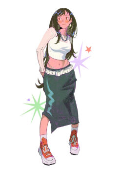 :| arms_behind_back ashlena_sharma belt black_hair blush check_clothing closed_mouth clothing_request commentary crop_top english_commentary final_fantasy final_fantasy_vii green_skirt highres long_hair long_skirt long_sleeves looking_to_the_side midriff multicolored_shoes navel panties red_eyes red_shoes see-through_clothes see-through_sleeves shirt shoes sidelighting simple_background skirt sneakers socks star_(symbol) swept_bangs tifa_lockhart two-tone_shoes underwear very_long_hair white_background white_belt white_panties white_shirt white_shoes white_socks