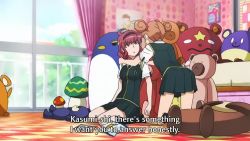 2girls animated anime_screenshot bedroom black_hair braided_pigtails brown_hair glasses indoors multiple_girls poster potato red_hair school_uniform smile stuffed_animal stuffed_toy tagme takamiya_kasumi tanuma_yoshiko teddy_bear video witch_craft_works