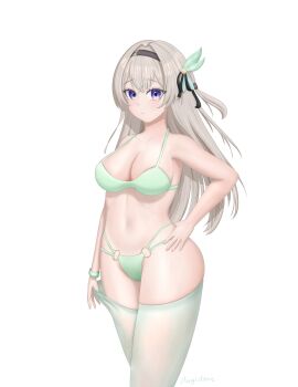 1girl aqua_bikini aqua_thighhighs belly bikini black_ribbon blush bracelet breasts brown_hairband cleavage closed_mouth firefly_(honkai:_star_rail) gradient_eyes grey_hair hair_between_eyes hair_intakes hair_ornament hair_ribbon hairband hand_on_own_hip highres honkai:_star_rail honkai_(series) jewelry large_breasts long_hair magistone multicolored_eyes navel ribbon simple_background smile solo swimsuit thighhighs white_background
