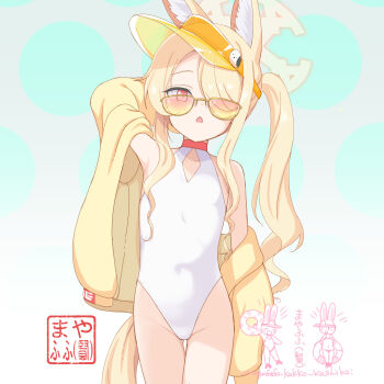 1girl absurdres animal_ear_fluff animal_ears arm_behind_head arm_up armpits blonde_hair blue_archive blush breasts casual_one-piece_swimsuit choker collarbone commentary_request covered_navel cowboy_shot extra_ears flat_chest fox_ears fox_girl fox_tail gluteal_fold gradient_background grey_background groin hair_over_one_eye halo highleg highleg_one-piece_swimsuit highres jacket long_hair long_sleeves looking_at_viewer mayafufu off_shoulder official_alternate_costume official_alternate_hairstyle one-piece_swimsuit open_clothes open_jacket open_mouth parted_lips pink-tinted_eyewear red_choker red_eyes revision seia_(blue_archive) seia_(swimsuit)_(blue_archive) side_ponytail sidelocks simple_background small_breasts solo sunglasses swimsuit tail thigh_gap tinted_eyewear twintails visor_cap white_background white_one-piece_swimsuit yellow-tinted_eyewear yellow_halo yellow_jacket
