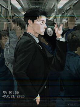1boy black_hair black_necktie black_suit camera_view closed_mouth collared_shirt formal_clothes hand_grip higuruma_hiromi holding holding_hand_grip jacket jujutsu_kaisen long_sleeves male_focus necktie pants recording shirt short_hair suit suit_jacket t_oji1 train_interior user_interface white_shirt