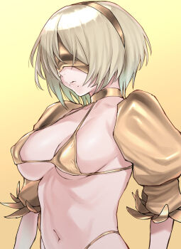 1girl 2b_(nier:automata) bikini blindfold bob_cut breasts cleavage closed_mouth covered_eyes detached_sleeves feather-trimmed_sleeves feather_trim gold_bikini hairband highres juliet_sleeves kouya_toufu long_sleeves mole mole_under_mouth navel nier:automata nier_(series) puffy_sleeves short_hair solo swimsuit white_hair