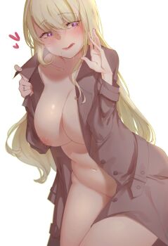1girl :q blonde_hair blush breasts brown_coat closed_mouth coat collarbone eyelashes fingernails groin hair_between_eyes heart heart-shaped_pupils highres jewelry large_breasts leaning_forward licking_lips long_hair looking_to_the_side mole mole_under_eye naked_coat naughty_face navel nipples open_clothes open_coat original ornate_ring pink_lips purple_eyes ring saliva saliva_trail simple_background smile solo stomach symbol-shaped_pupils tongue tongue_out wedding_ring white_background xiao_jian