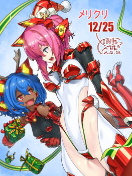 Rule 34 | 2girls, blue eyes, blue hair, breasts, commentary request, covered navel, dark-skinned female, dark skin, fangs, hat, headgear, highleg, highleg leotard, hip armor, leotard, medium breasts, multiple girls, open mouth, original, pink hair, red eyes, santa hat, short hair, small breasts, super highleg, takada kazuhiro