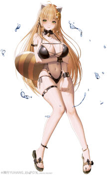 Rule 34 | 1girl, animal ears, black bow, black bowtie, black one-piece swimsuit, blonde hair, bow, bowtie, breasts, cleavage, closed mouth, collar, commentary request, flip-flops, full body, green eyes, hand on own arm, highres, large breasts, long hair, one-piece swimsuit, original, plunging neckline, raccoon ears, raccoon girl, raccoon tail, sandals, simple background, smile, solo, splashing, swimsuit, tail, thigh strap, water, white background, yuxing yuhang