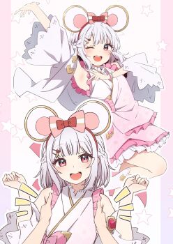 1girl animal_ears armpits fake_animal_ears granblue_fantasy hair_ornament highres japanese_clothes kimono looking_at_viewer medium_hair nagami_yuu one_eye_closed open_mouth pink_kimono red_eyes simple_background smile teeth upper_teeth_only vikala_(granblue_fantasy) vikala_(yukata)_(granblue_fantasy) white_hair