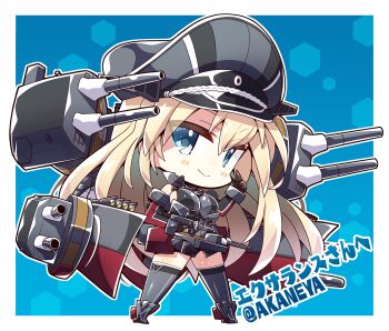 1girl absurdres akaneya bismarck_(kancolle) black_hat blonde_hair blue_background blue_eyes breasts brown_gloves chibi elbow_gloves full_body gloves hair_between_eyes hat highres holding kantai_collection large_breasts long_hair looking_at_viewer military military_hat military_uniform peaked_cap rigging second-party_source ship_turret smile solo thighhighs twitter_username very_long_hair