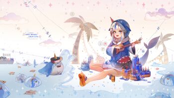 1girl absurdres animal_costume animal_hood bloop_(gawr_gura) blue_eyes blue_hair blue_hoodie cake candle cloud coconut_tree commentary deadbeat_(mori_calliope) english_commentary english_text fins fish_tail food full_body gawr_gura gawr_gura_(1st_costume) grey_hair happy_birthday happyongdal hat highres holding_instrument holding_ukulele hololive hololive_english hood hood_up hoodie instrument investigator_(watson_amelia) kfp_employee_(takanashi_kiara) long_sleeves looking_at_viewer medium_hair multicolored_hair music musical_note no_pants no_socks ocean open_mouth outdoors palm_tree party_hat playing_instrument sandals shark_costume shark_girl shark_hood shark_tail sharp_teeth sitting solo spoken_musical_note streaked_hair tail takodachi_(ninomae_ina&#039;nis) teeth toes tree ukulele upper_teeth_only virtual_youtuber wide_sleeves
