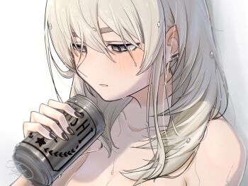 1girl averting_eyes ayataka_syumimi beer_can black_nails blush can collarbone commentary_request drink_can earclip girls_band_cry grey_eyes grey_hair half-closed_eyes highres holding holding_can kawaragi_momoka long_hair nude parted_lips portrait sidelocks simple_background solo wet wet_hair