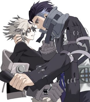 Rule 34 | 2boys, arm pouch, black coat, black shirt, clenched teeth, closed mouth, coat, gachiakuta, gloves, grey gloves, grey hair, highres, long sleeves, looking at another, male focus, multicolored hair, multiple boys, namuru (7 mu ru), profile, purple eyes, purple hair, red eyes, rudo surebrec, shirt, simple background, spiked hair, sweat, teeth, two-tone hair, upper body, veins, veiny hands, white background, zodyl typhon