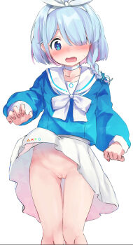 1girl absurdres arona_(blue_archive) blue_archive blue_eyes blue_hair blue_shirt blush bow braid censored cleft_of_venus clothes_lift female_focus groin hair_bow hair_over_one_eye highres loli mosaic_censoring no_panties okura-chan_(at_nya5) open_mouth pussy resolution_mismatch ribbon school_uniform serafuku shirt short_hair simple_background skirt skirt_lift solo source_smaller thigh_gap thighs white_background white_skirt wind wind_lift